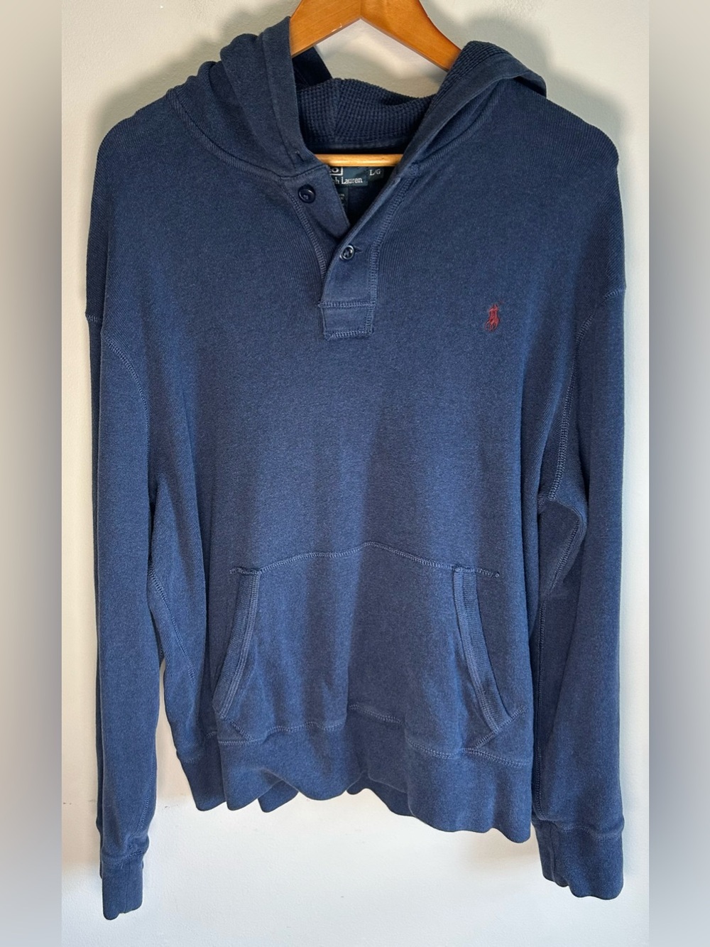 Polo Ralph Lauren Men’s Hoodie Size L Blue Waffle Knit Henley Thermal Vintage
